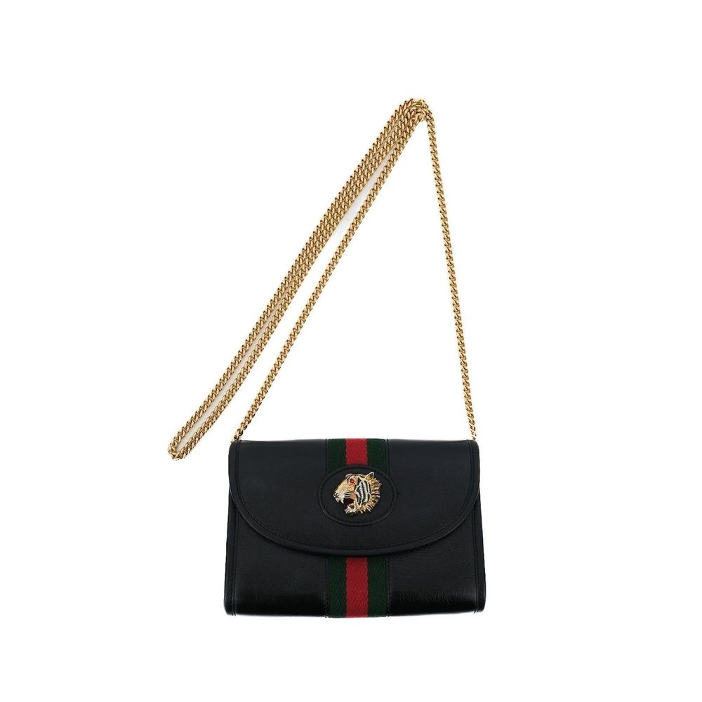 Excellent Gucci Black Leather Shoulder Bag with Gold Tiger Head Detail